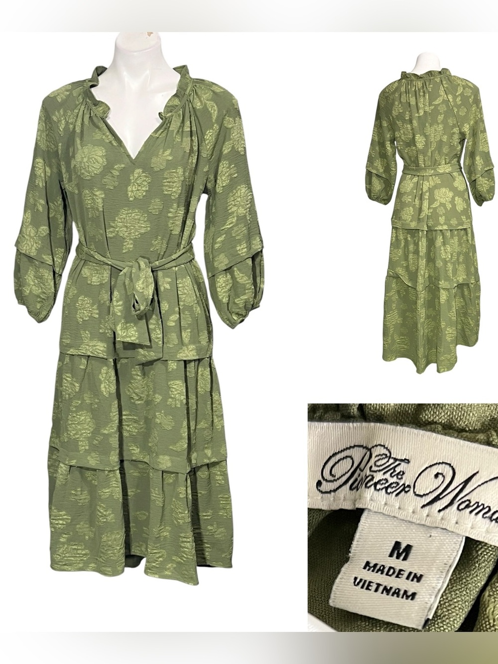 The Pioneer Woman Midi Dress Sz M Green Floral‎ Tiered long sleeve